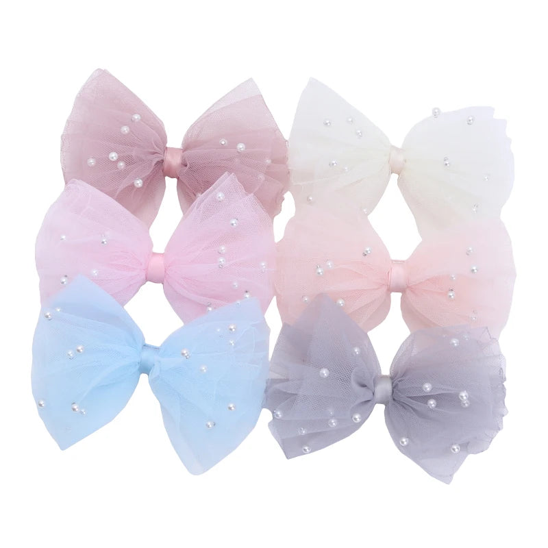 2 Piece 5CM Gauze Hair Clips  Imitation Pearl  Hair Bows Hairpins Lace Bowknot Hairgrips Princess Headwear Hair Accessories
